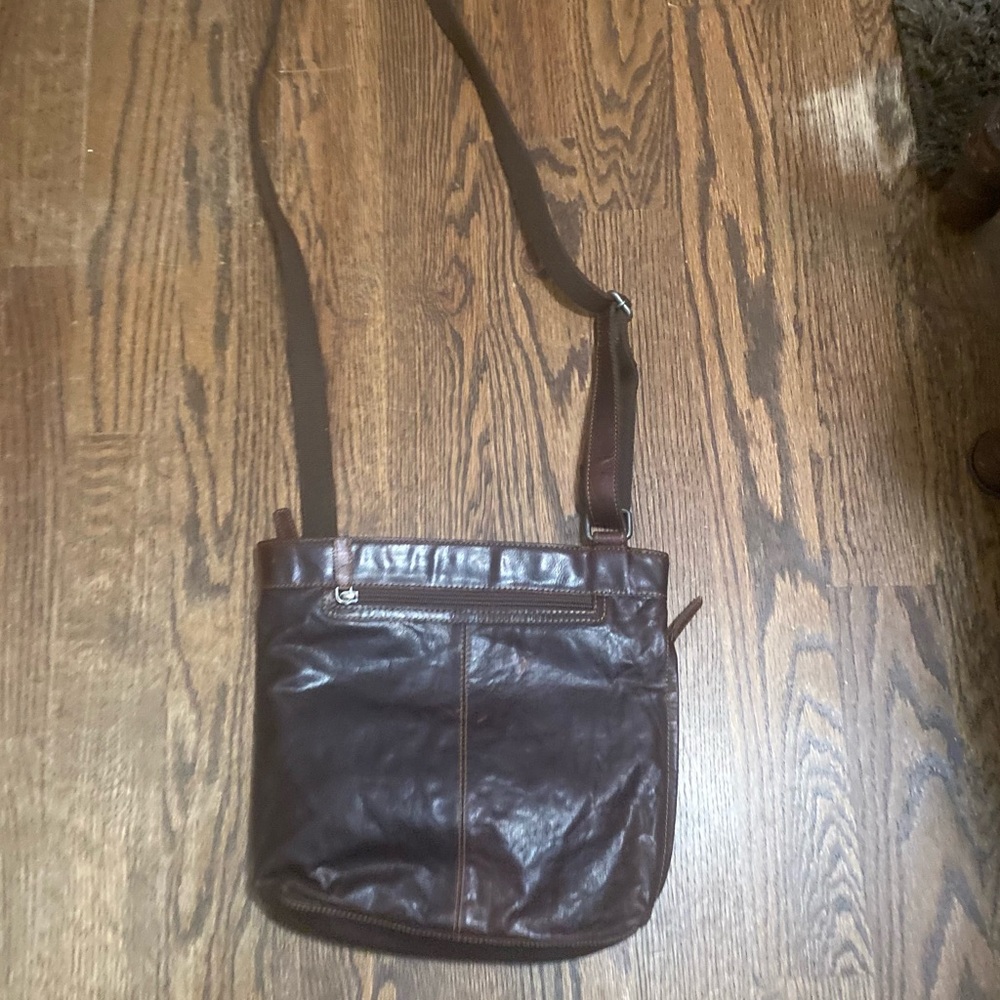 Jack Georges Top and Side Entry Brown Leather Crossbody Bag Purse Striped Intr